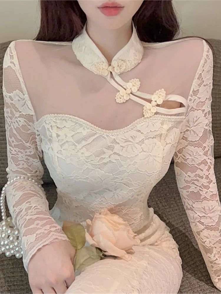 Lunivop  Autumn Elegant Cheongsam Dress for Women Sexy Solid Stand Collar Long Sleevs Evening Party Prom Dresses Female One Piece Vestido