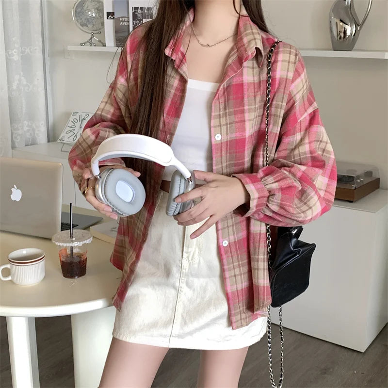 Lunivop Women Tartan Shirt Long Sleeve Collared Button Up Oversized Plaid Shirt Flannel Jacket Grunge Teenage Girl Spring Summer Outfit