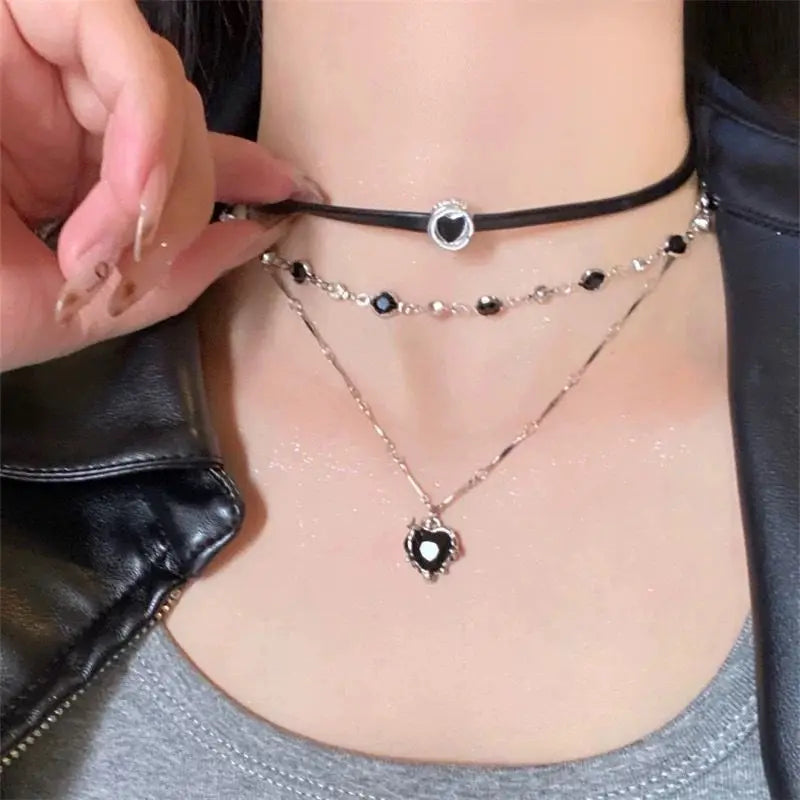 Lunivop Gothic Y2K Multi Layer Black Peach Heart Pendant Choker Clavicle Chain Necklace For Women Girls Aesthetic Jewelry Accessories