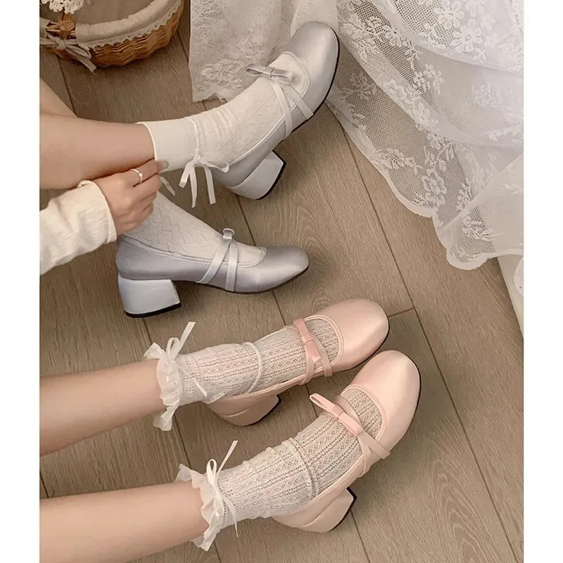 Lunivop Women Chunky Heel Shoes New Fashion Bowknot Strap Mid Heels Women Mary Jane Shoes Dress Shallow Mouth Ladies Ballet Shoes