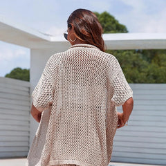 Lunivop  New Style Loose Short Sleeve Top Knitted Hollow Out Pants Beachwear Cover Up Set Women's Beach Vacation Casual Sun Bathing Smock