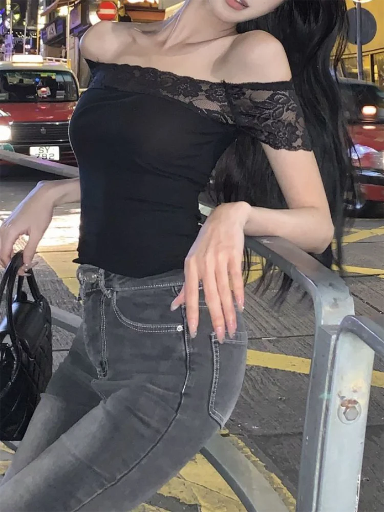 Black Lace Patchwork Sexy Off Shoulder Top Women Summer Solid Backless Sleeveless Tank Top Club Aesthetic Clothes