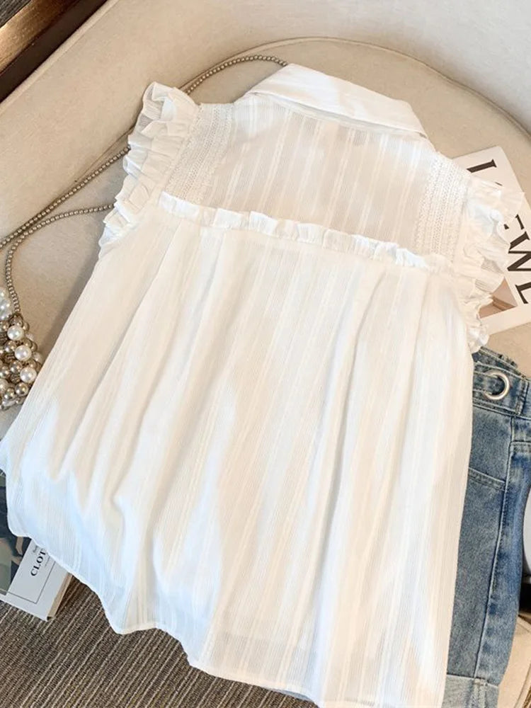 Lunivop  Elegant Sweet White Shirt Women Casual Ruffles Flying Sleeve Blouse Summer Cute Loose Design Female All Match Vintage Tops