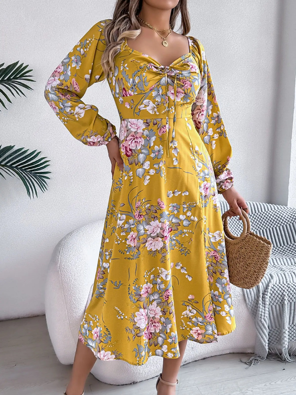 Lunivop  Spring and Summer New Sexy Lace-up Knot Dress, Flower Print Long-sleeved Split-neck Square Dress, Women's Clothing