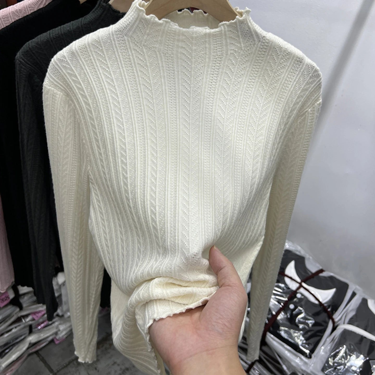 Lunivop Women Long Sleeve Knitted Top Textured Stretchy Mock Neck Fitted Sweater Pullover Jumper Fall Winter Teen-girl Basic Outfit