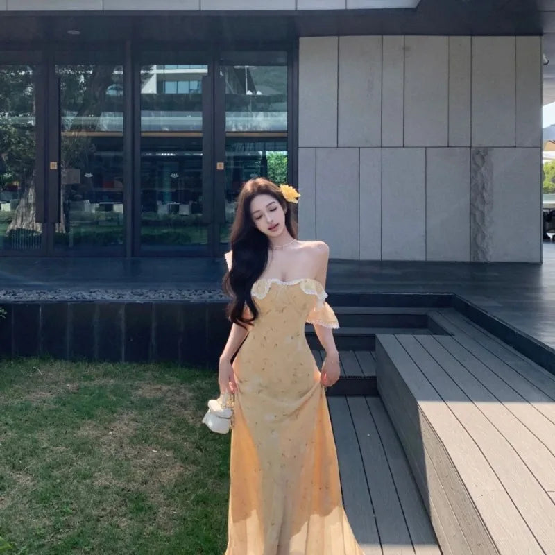 Lunivop  Woman Dress Lace Patchwork Ruffles Off Shoulder Summer Fashion French Style Chic Elegant Party Dresses Female Casual