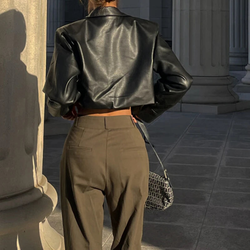 Lunivop   Autumn Faux Leather Short Jacket Y2K Turn-down Collar Fashion Botton Decoration PU Coat 2024 Grunge Street Casual Coats