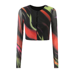 Lunivop  Y2K Gradient Colored Stretch Mesh T Shirt Women O neck Through Open Buttons Skinny Slim T-shirt Tee Tank Tops