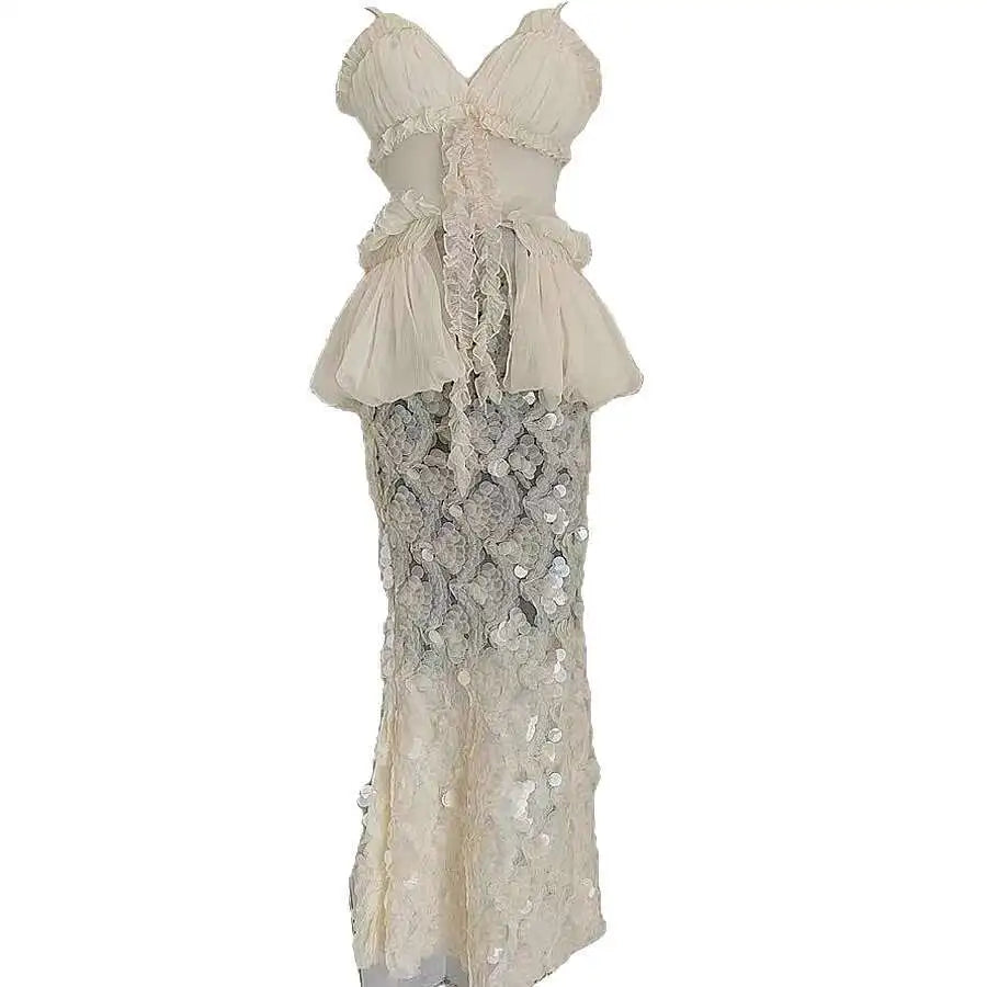 Lunivop  Fashion Women Two Piece Set Dress Suspenders Ear Fungus Edge Design Top + Sequined Fish Scale Skirt