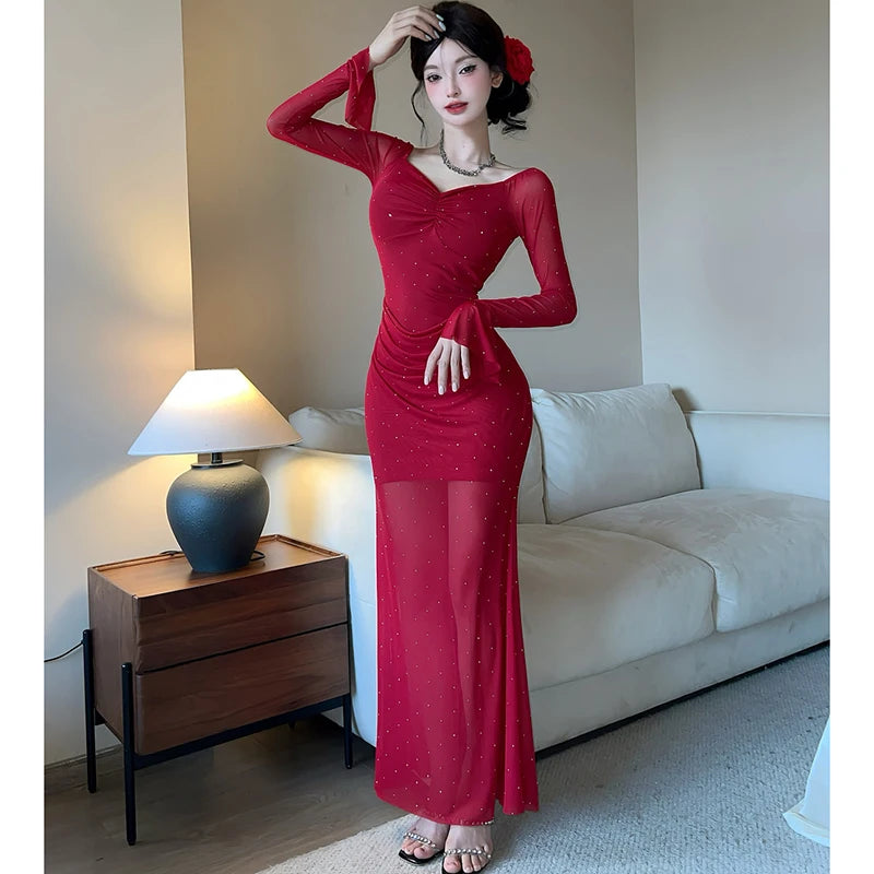 Lunivop  Spring Summer Red Mesh Diamonds Polka Dot Dress Women Long Sleeve Elegant Luxury Dress Gown Korean Vintage Bodycon Vestidos