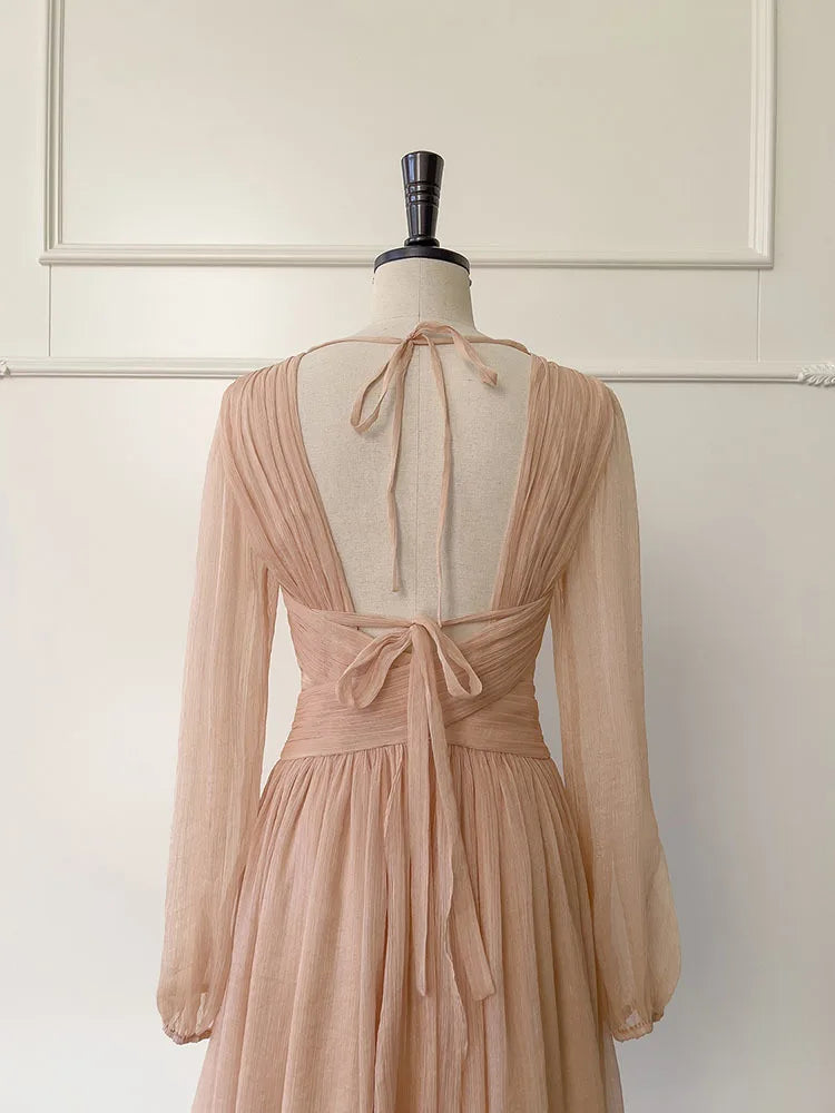 Lunivop Embroidered Flares Lace-up Women's Backless Dress Solid Color V-Neck Lantern Sleeve 2025 Spring New Dresses Female