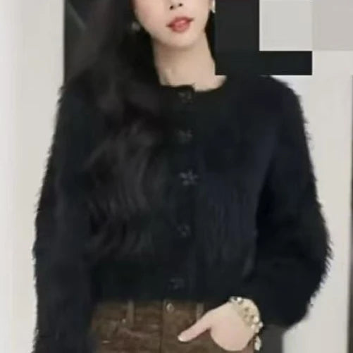 Lunivop Flower Button Fuzzy Knit Sweater Cardigan Warm Fluffy Button-up Crop Sweater Jacket Knitwear Teen-girl Fall Winter Cute Outfit