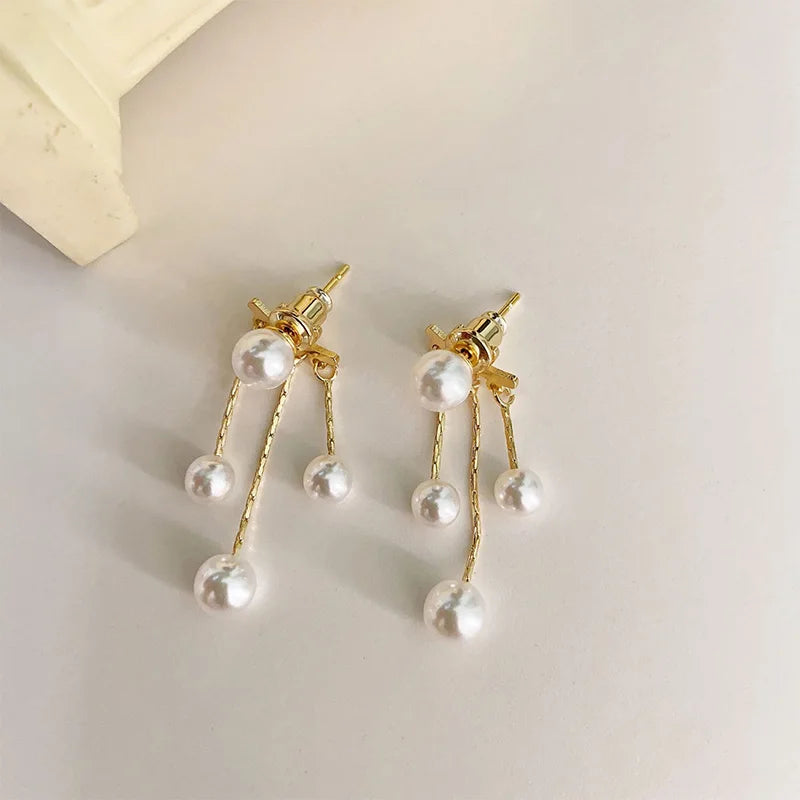 Lunivop Korean Trendy Pearl Golden Long Tassel Earrings for Women Exquisite Alloy Ear Clip Sweet Elegant Party Jewelry Wedding Gifts