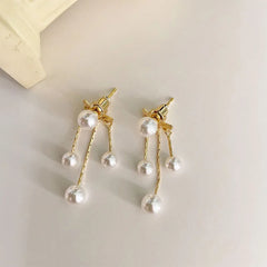 Lunivop Korean Trendy Pearl Golden Long Tassel Earrings for Women Exquisite Alloy Ear Clip Sweet Elegant Party Jewelry Wedding Gifts