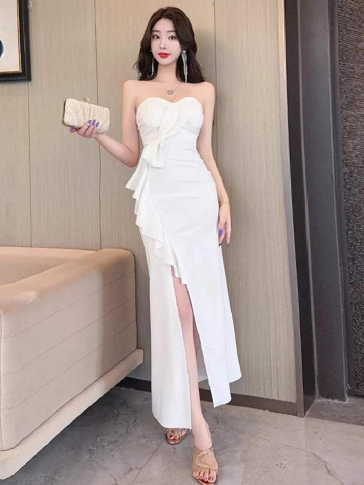 Lunivop  Woman Dress Sexy Strapless Bow Slim Elegant Split Backless Ruffles Slim Temperament Fashion Party Dresses Ladies