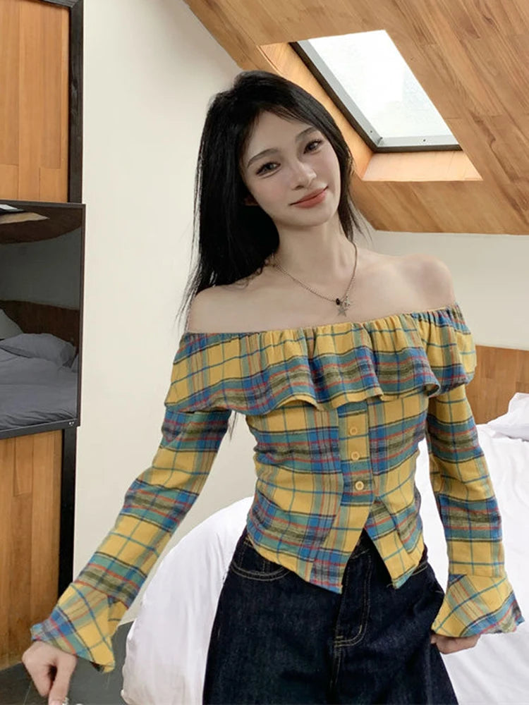Lunivop Ruffles Off Shoulder Plaid Shirt Women Flare Sleeve Slim Sexy Slash Neck Blouse Korean Vintage Female Sweet Elegant Tops