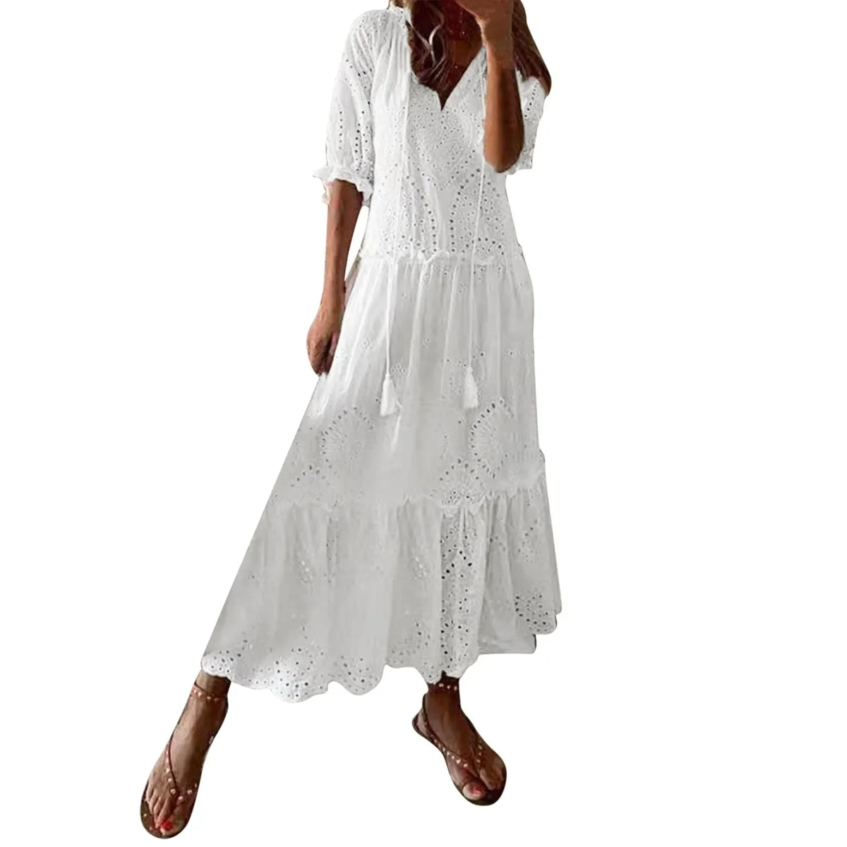 Lunivop  Summer Cotton White Dress for Women Casual Hollow Crochet Bohemian Loose Beach Long Dress Ladies Plus Size Holiday Ruffles Dress
