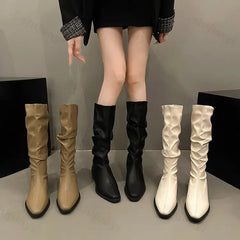 Lunivop Vintage Thick Heel Women Pleated Knee High Boots New Fashion Slip on Shoes Autumn Winter Ladies Pointed Toe Long Booties