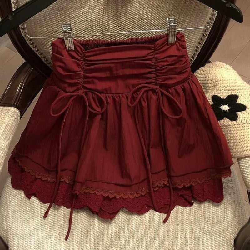 Lunivop Sweet Coquette Short Skirt Women Bow Kawaii Ruffle Mini Skirts Lace Patchwork White A-line Layered Skirt Aesthetics