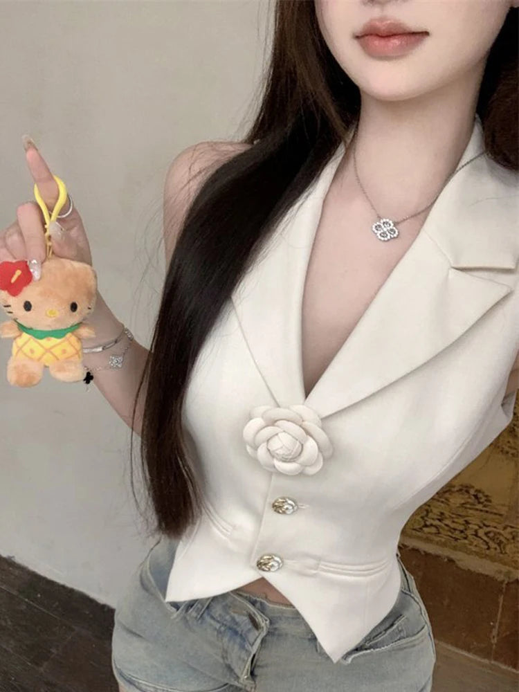 Lunivop  V Neck Cropped Suit Vest Women 3D Floral Elegant Sleeveless Sweet Slim Tanks Korean Fashion Casual Female Summer New Tanks