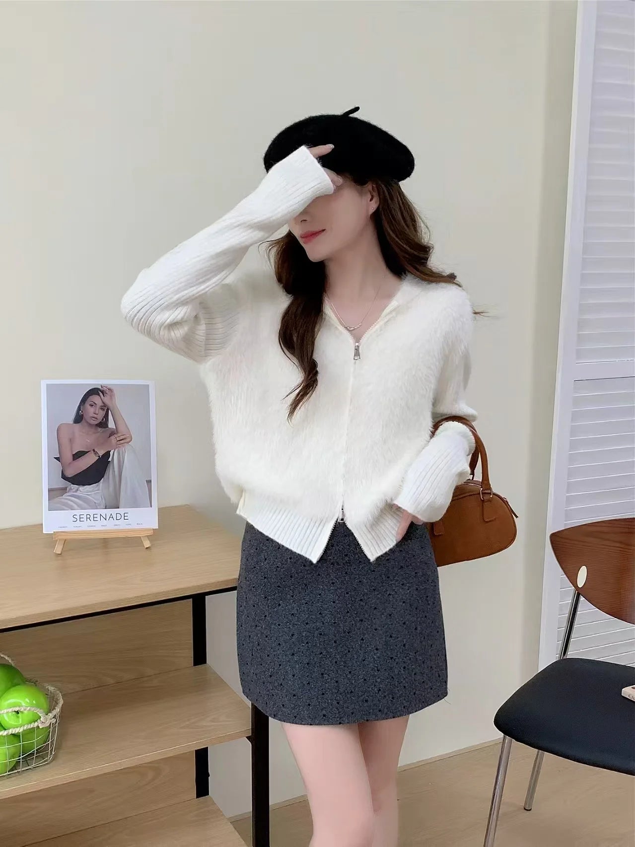 Lunivop Fuzzy Sweater Hoodie Zip-Up Mohair-Knit Cardigan Women Long Sleeve Hooded Crop Top Knitwear Fall Winter Teen-girl Y2K Outfit