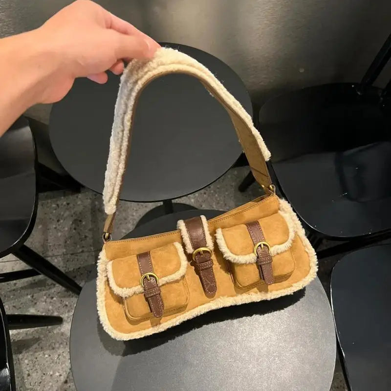 Lunivop  Retro Lamb Patchwork Brown Shoulder Bag Women Vintage Pocket Chic Y2k Handbag Female Hot Girls Casual Underarm Bag 2025