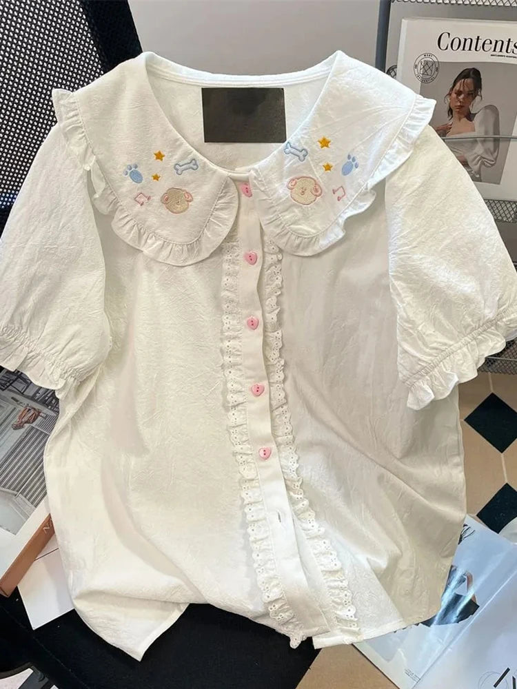 Lunivop  Lolita Cute White Shirt Women Vintage Short Sleeve Kawaii Blouse Japan Preppy Style Embroidery Peter Pan Collar Retro Tops