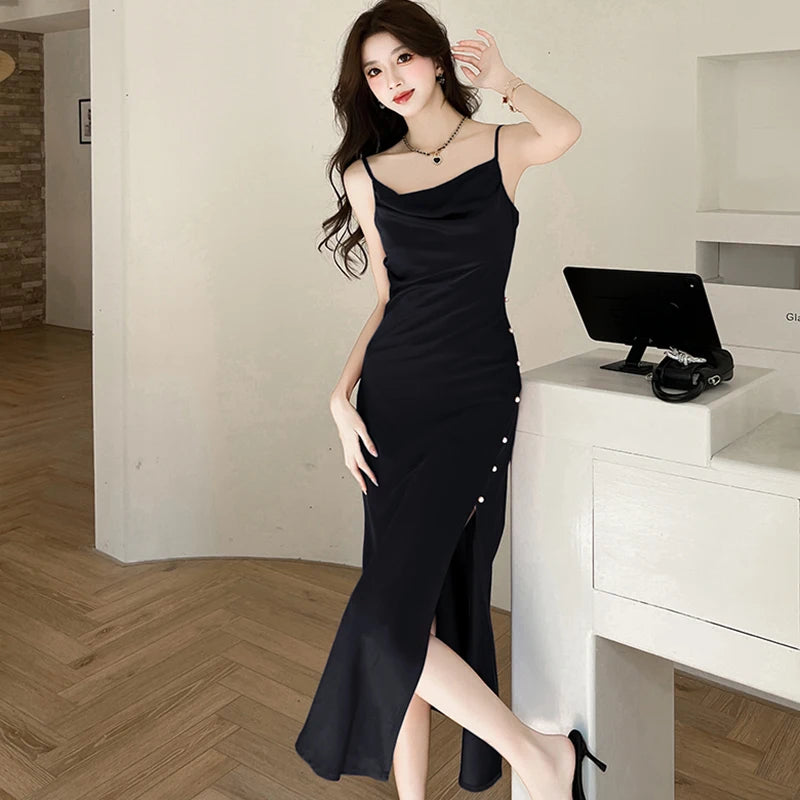 Lunivop  Summer Red Satin Elegant Sling Long Dress Women Fashion Chic Beading Slit Dresses 2025 Korean Vintage Luxury Party Evening Dress