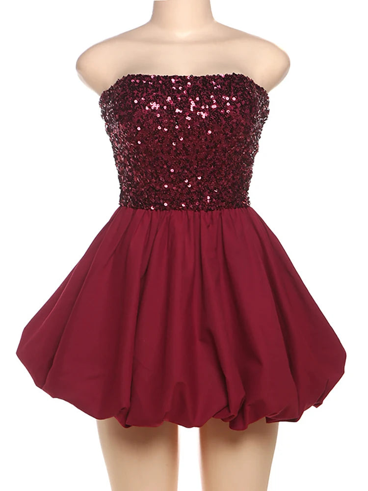 Lunivop  Patchwork Sexy Strapless Sequins Sparkling Women Dress Red Backless High Waist Dress Spring Slim Elegant Party Clubwear