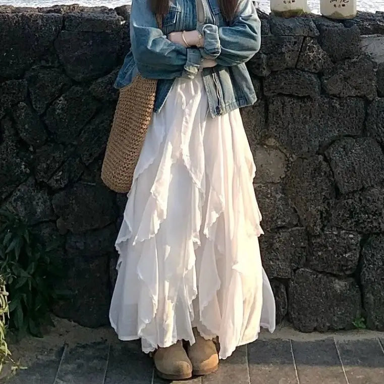 Lunivop Sweet Elegant White Long Skirt Women Fairycore Korean Style Lace Ruffle Skirt Asymmetrical Retro Street Layered Skirts