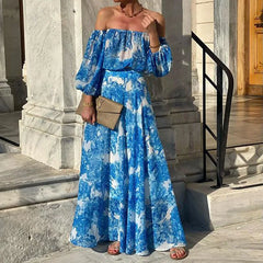 Lunivop   Summer Pattern Printed Dress Lady Sexy Off Shoulder Nine Points Sleeved Summer Casual Hollow Waist Party Dresses