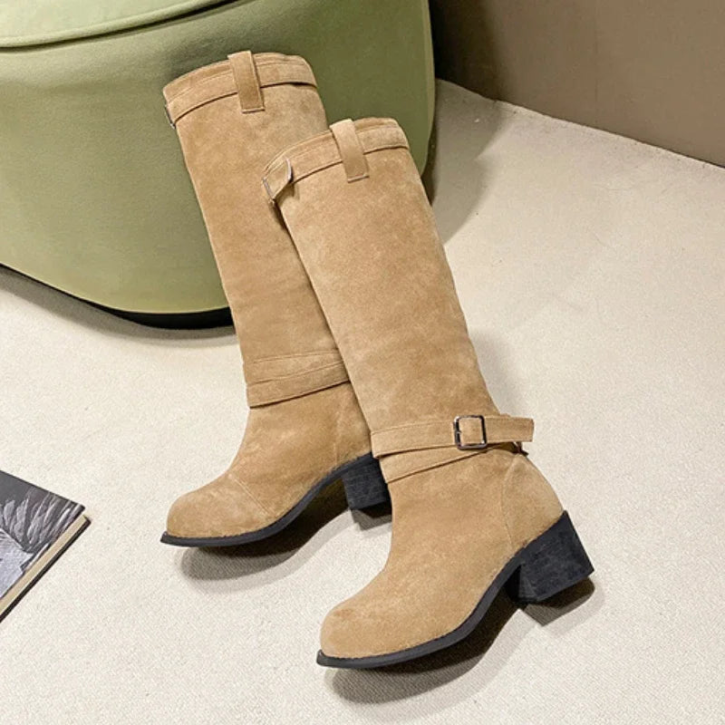 Lunivop New Fashion Suede Women Western Cowgirl Boots Designer Buckle Slip on Long Boots Square Thick Heels Cowboy Boots Female Shoes