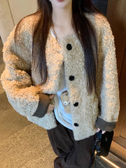 Lunivop  Cute Warm Faux Lamb Coat Women Loose Sweet Preppy Style Winter Jacket Casual O Neck Long Sleeve Vintage Korean Pockets Outwear