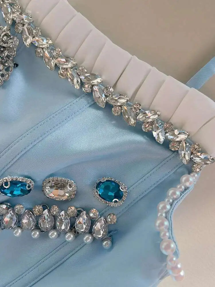 Lunivop Solid Diamond Spliced Women's Strapless Dresses Slash Collar High Waist Sleeveless Elegant Dress Summer 2025 New