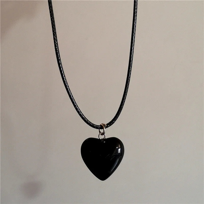 Lunivop Goth Aesthetic Black Glass Heart Bow Pendant Pearl Beaded Rope Chain Choker Necklace Egirl Y2K lolita 2000s Jewelry Accessories