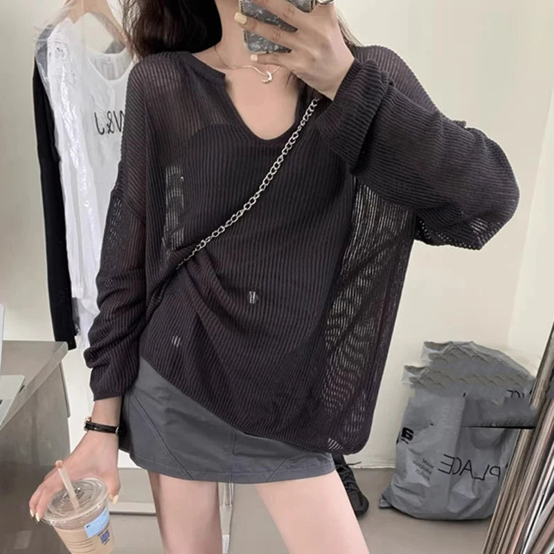 Lunivop Long Sleeve Mesh Top Pullovers Women Lightweight Sweater Sheer Knit Blouse Teen-girl Beach Cover-up Breezy Summer Casual Outfit