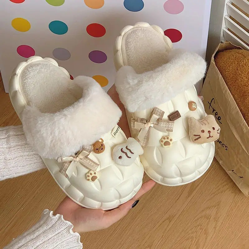 Lunivop Winter Slippers for Women Cartoon Cat Outdoor Waterproof House Shoes Ladies Plush Casual Shoes Indoor Fluffy Cotton Shoes