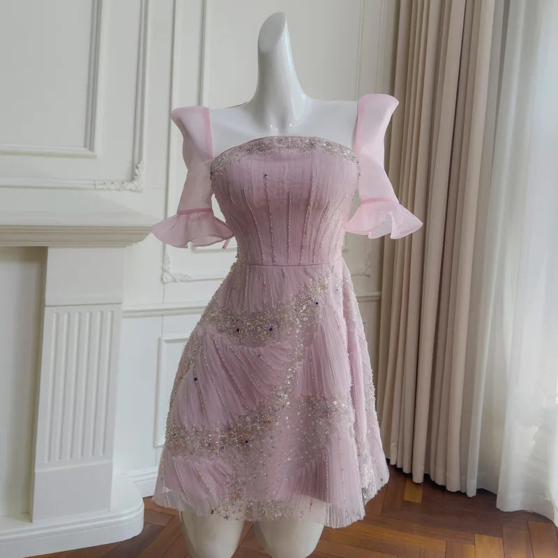 Lunivop  Fashion Sequin Casual Dress Women's Slash Neck Short Sleeve Waist Retraction Dresses 2025 Summer New Tide