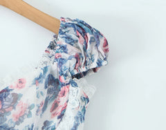 Lunivop  Summer Floral Print Spliced Lace Chest Bow Collar Short Puff Sleeve Dress Low Waist Ruched Hem Swing Mini Dresses Cake Robe