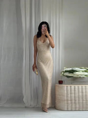 Lunivop  Deep V-neck Sequin Sleeveless Women Dress With Exposed Back Slim Waist Fish Tail Long Dresses Summer Beach Party Robe