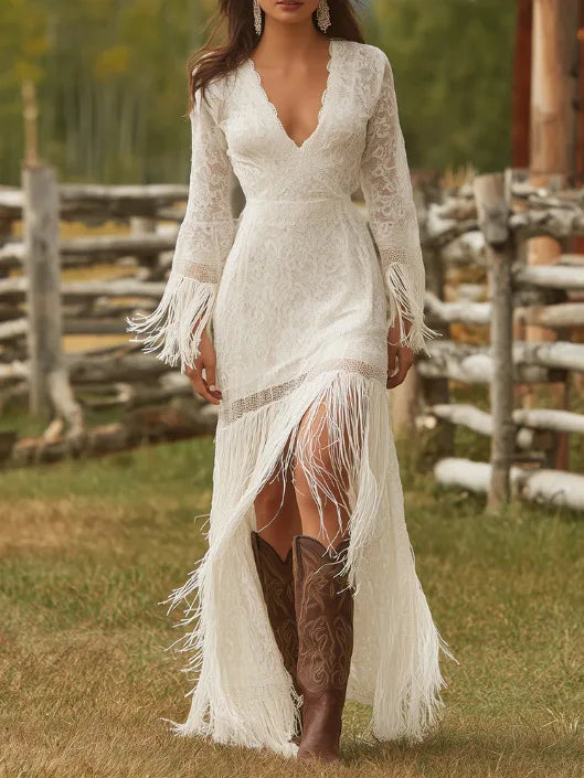 Lunivop  Women Dresses retro white lace V-neck long-sleeved fringed short front back long dress women's clothing vestidoes