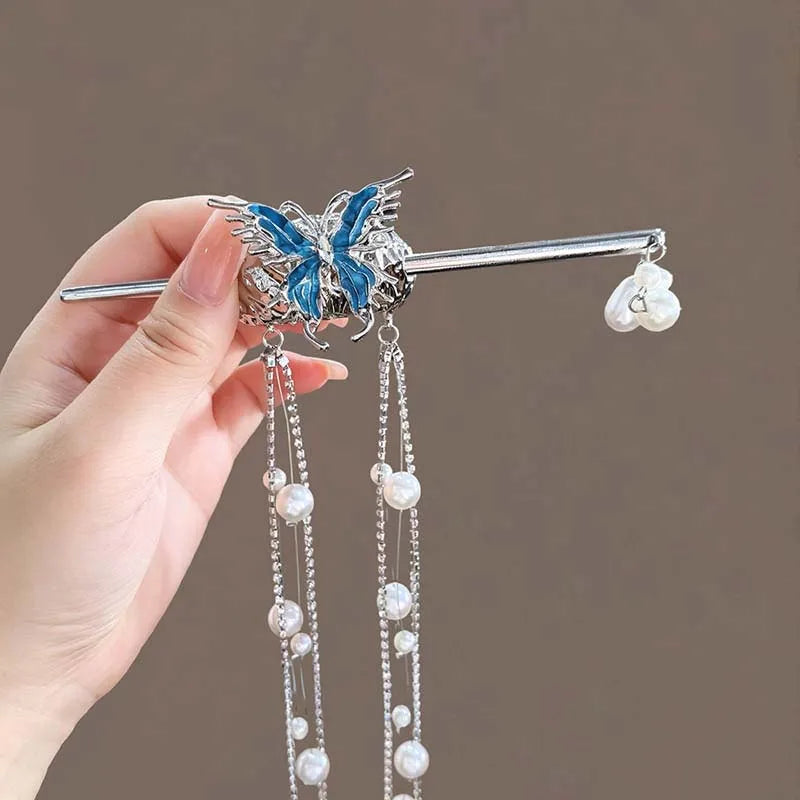Lunivop  New Chinese Metal Butterfly Pearl Tassel Hair Stick For Women Gilrs Vintage Hanfu Chopsticks Hairpin Forks