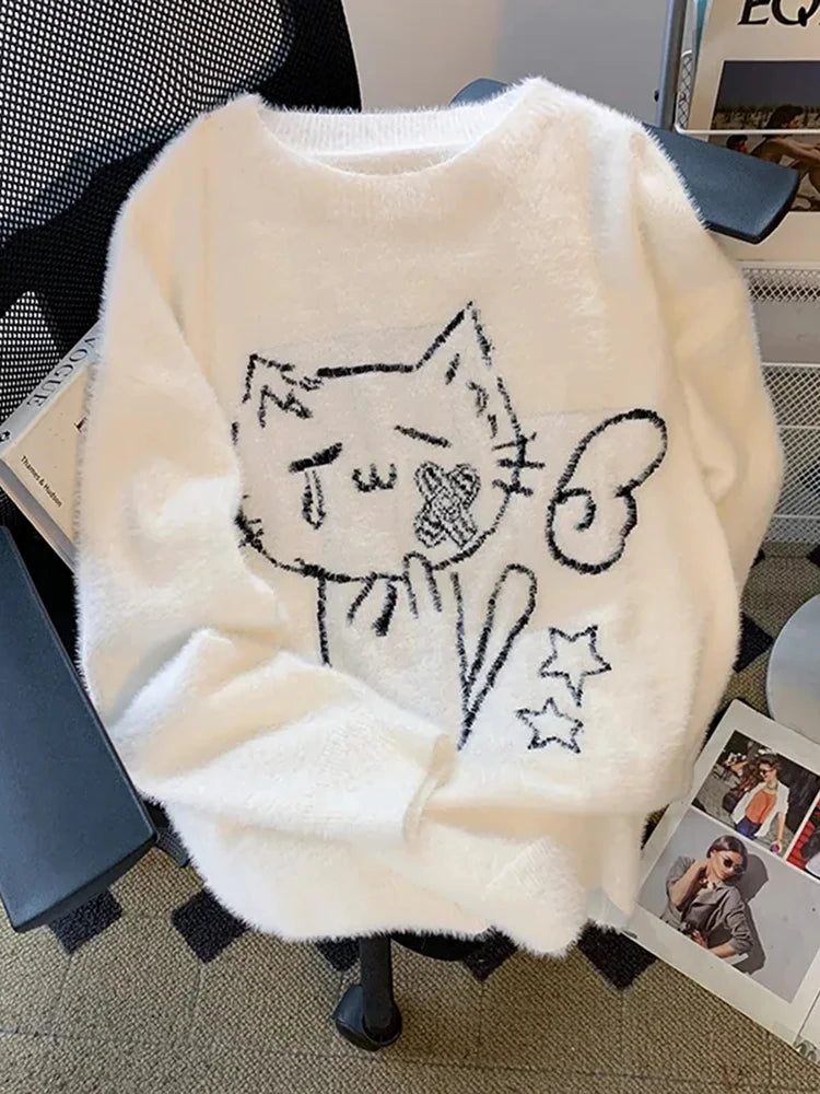 Lunivop Lazy Wind Cartoon Cute Sweater Women Loose Long Sleeve O Neck Kawaii Knitted Jumper Japan Preppy Style Vintage Female Tops