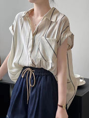 Lunivop Loose Women Striped Shirt Vintage Short Sleeve Casual Pocket Blouse French Retro Simple Female Summer Elegant Sweet Tops
