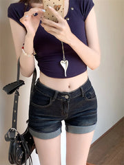 Lunivop  plus Size American Style Sexy Short Jeans High Waist Hot Pants Women's Deep Blue Cuffed Shorts Summer Wear Resistant Stretch