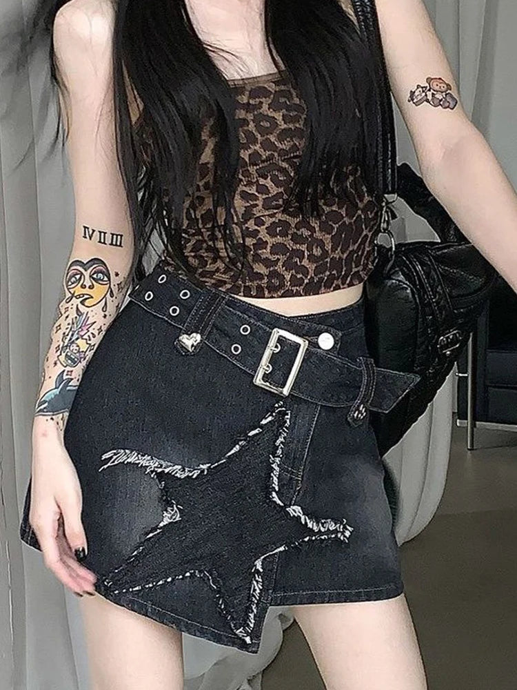 Lunivop  Vintage Star Y2K Denim Skirt Women High Waist Harajuku Belt Black Mini Skirt American Streetwear Retro Summer Gothic Skirt