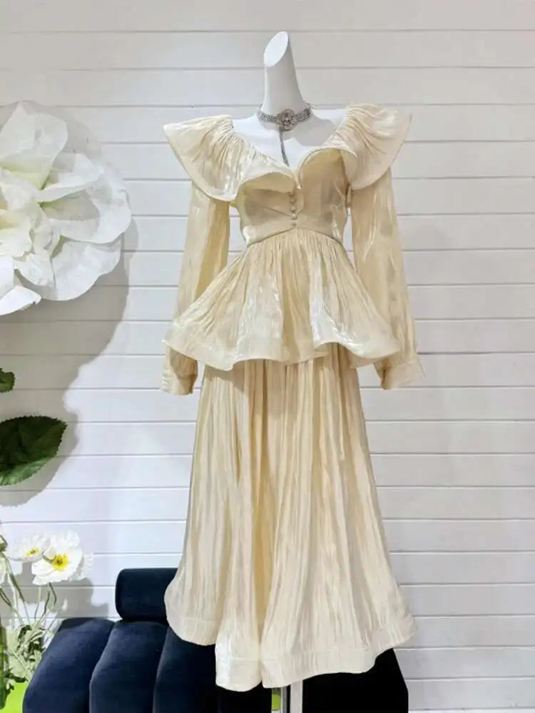 Lunivop Solid Ruffles Women's 2 Piece Sets V Neck Long Sleeve Shirt High Waist Skirts Loose Elegant Set Autumn 2025 New