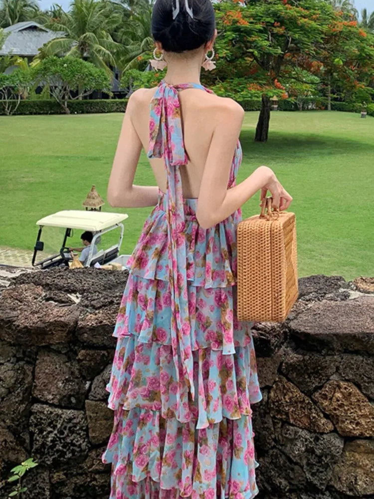 Lunivop Summer  Floral Neck Halter Dresses Women New French High Waisted Cake Dress Beautiful Romantic Flowers Vestido