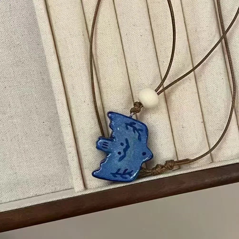 Lunivop Vintage ceramic blue bird pendant necklace with leather rope and anti allergic jewelry