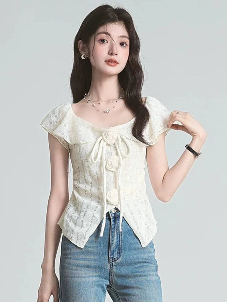 Lunivop  3D Floral Ruffles Sweet T Shirt Women Slim Sexy Cropped Short Sleeve Chic Tees Tops Korean Fashion Elegant Female T Shirts
